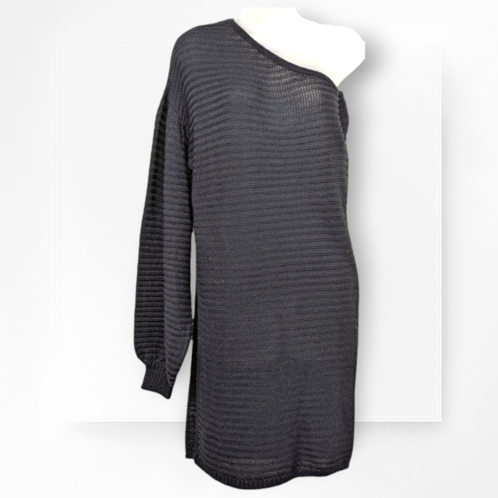 Elan One Shoulder Sweater Tunic NWT One Sleeve Black Ribbed Long Slit Side Small